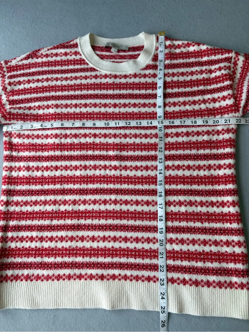 LOFT Fair Isle Red & White Striped Everyday Crewneck Sweater Sz L
